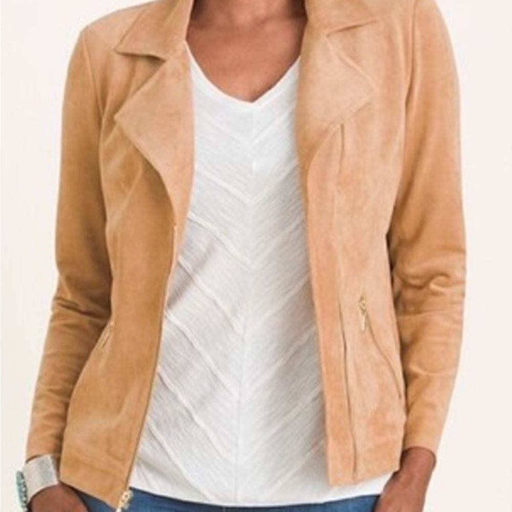 Chico’s Moto Faux Suede Camel Tan Jacket EUC sz 3P or 16P